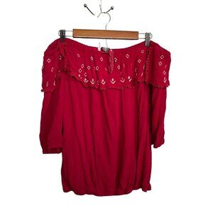 Angela Plus Womens Red Off Shoulder Embroidered Tassel 3/4 Sleeve Blouse 3XL